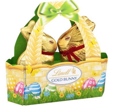 This Easter basket for adults includes two milk chocolate bunnies.