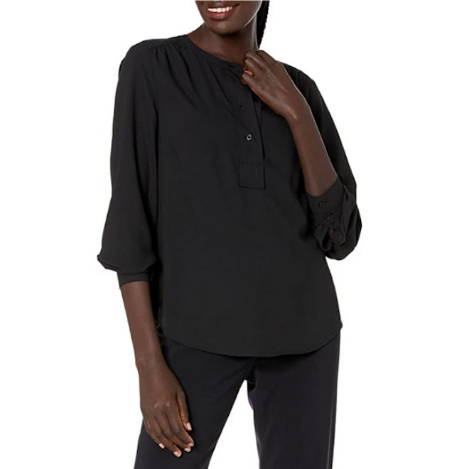 Lark & Ro Long-Sleeve Collared Henley Blouse