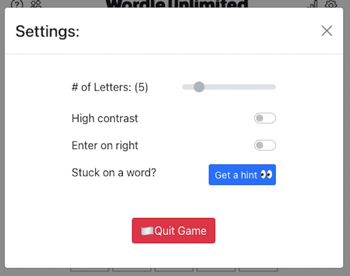 A look at the settings gadget for Wordle Unlimited 
