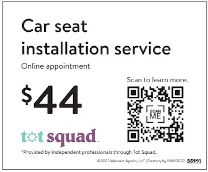 Tot Squad QR code for car seat installation at Walmart