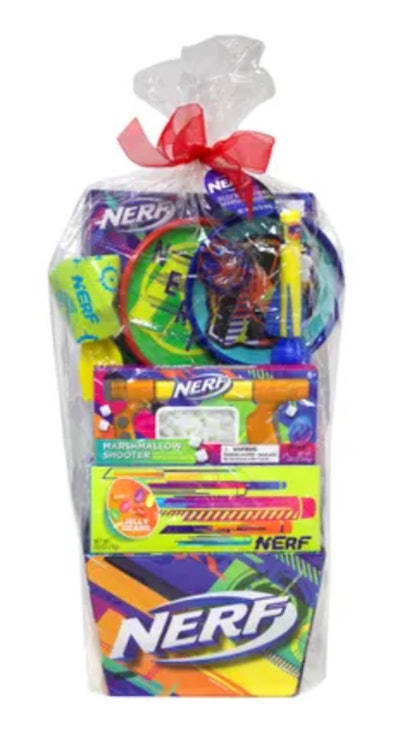 This premade Easter basket is filled with Nerf toys.