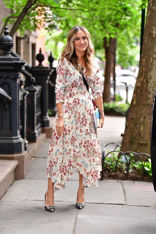 Sarah Jessica Parker wearing a floral dress in New York City.