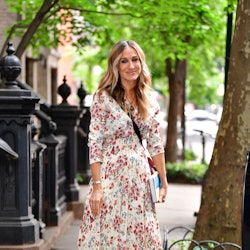 Sarah Jessica Parker wearing a floral dress in New York City.