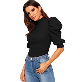 Romwe Puff Half Sleeve Top With Keyhole Back