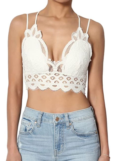 TheMogan Cross Strap &amp; Stretchy Smocked Back Crochet Lace Bralette