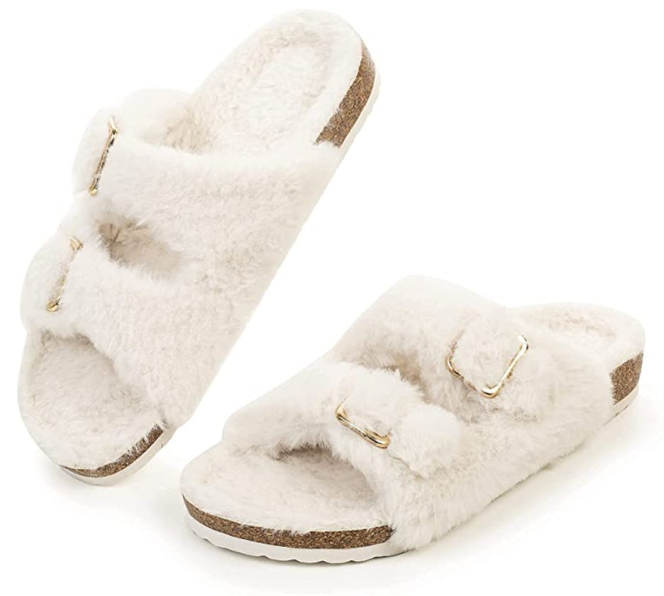 FITORY Faux Fur Cork Slide Sandals