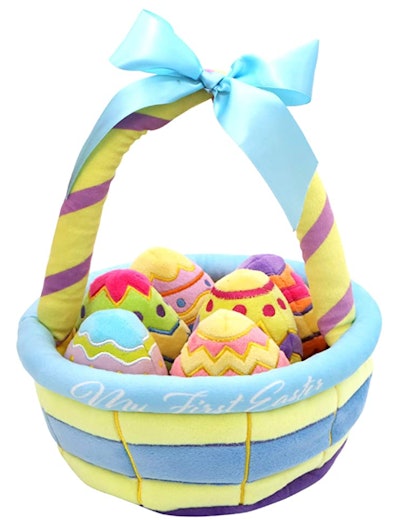 This premade Easter basket is filled with plush eggs for babies.