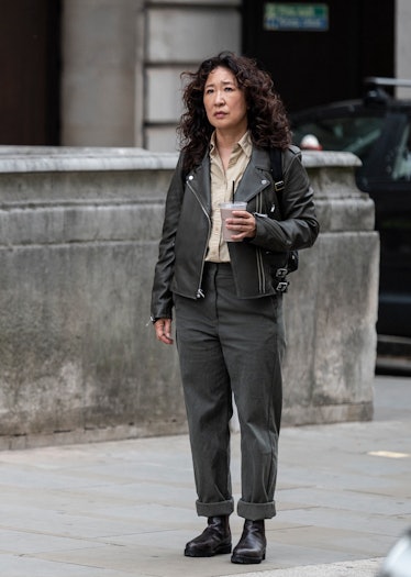 Sandra Oh wearing a leather jacket in the Killing Eve season 4 premiere