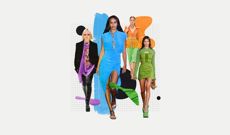 4 model wearing the spring 2022 color trends; blue, apricot, green, and purple