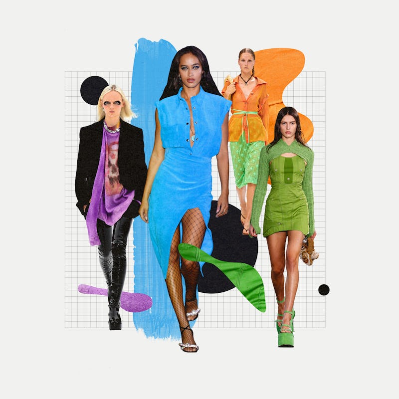 4 model wearing the spring 2022 color trends; blue, apricot, green, and purple