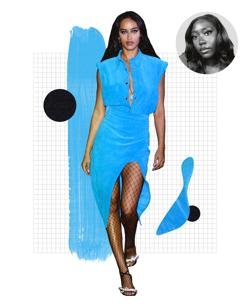 A model wearing a dress in Azure blue - a major spring 2022 color trend 