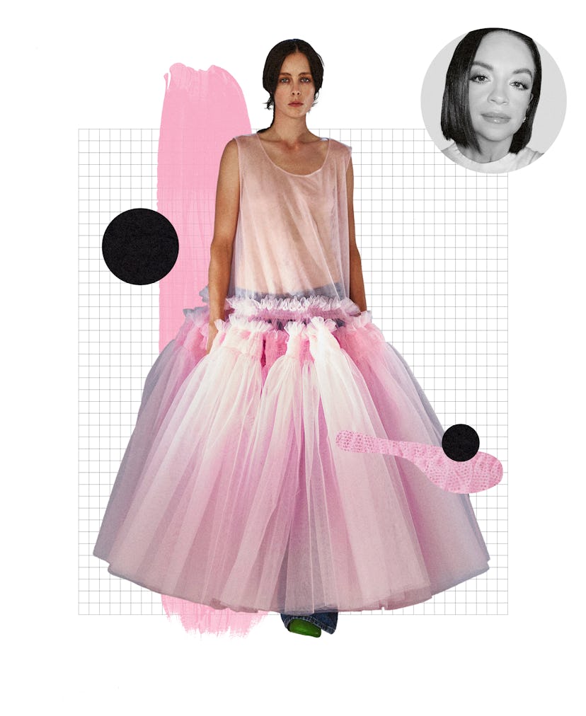 A model wearing a dress in bubblegum pink - a spring 2022 color trend