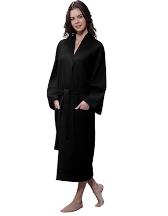 Lightweight Long Waffle Kimono Unisex Spa Robe in Black