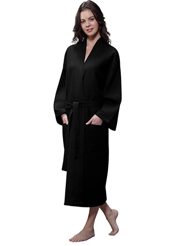 Lightweight Long Waffle Kimono Unisex Spa Robe in Black