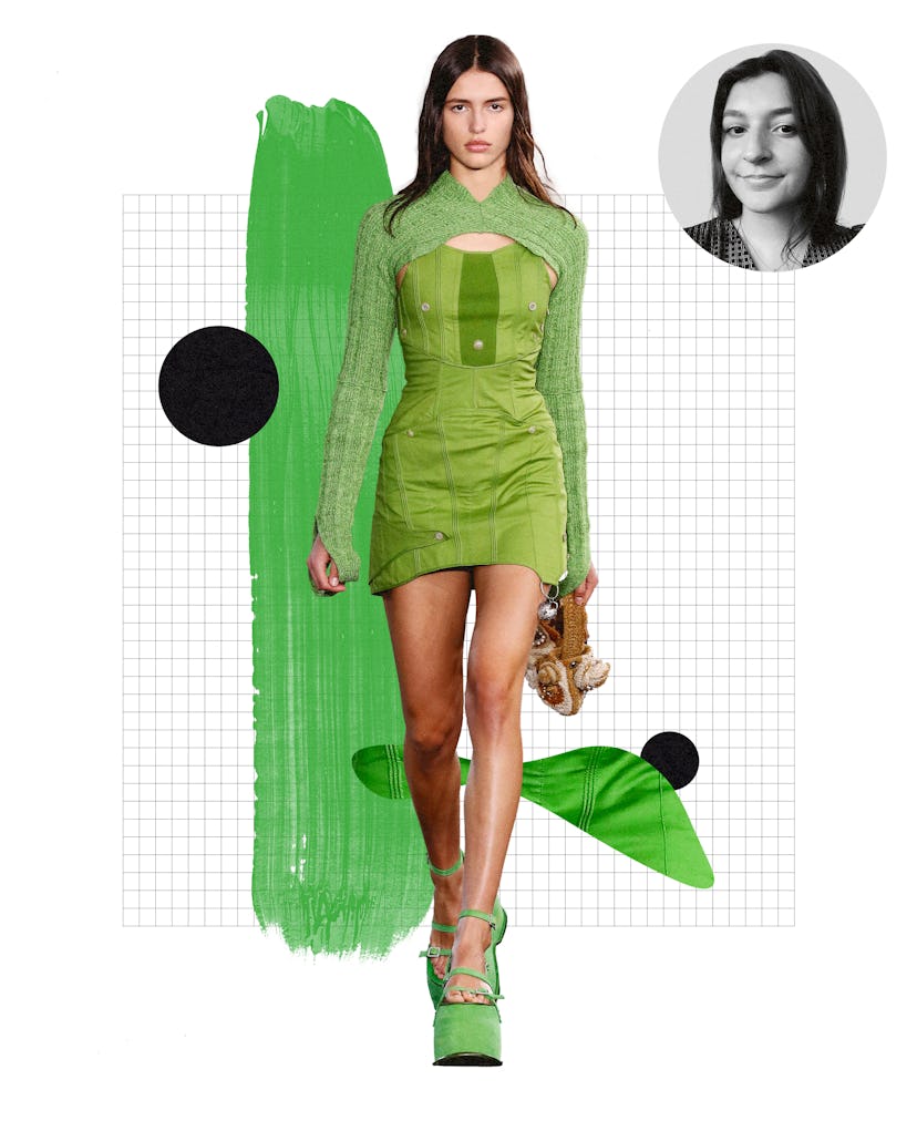 A model wearing a dress in Kelly green - a spring 2022 color trend