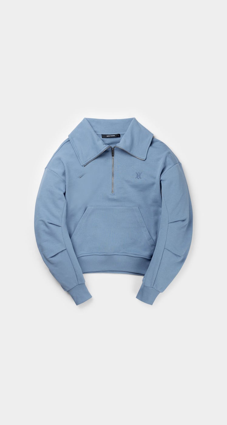 maternity wardrobe blue zip sweatshirt