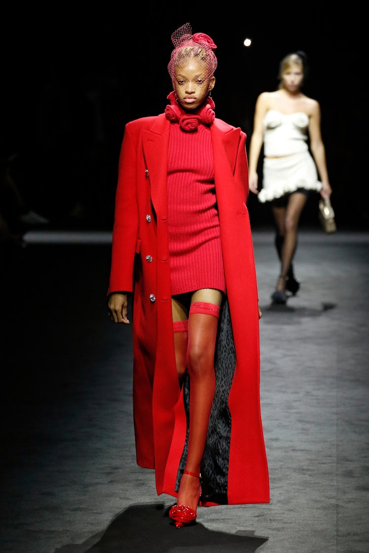 A model walks the runway at the Blumarine fashion show during the Milan Fashion Week Fall/Winter 202...