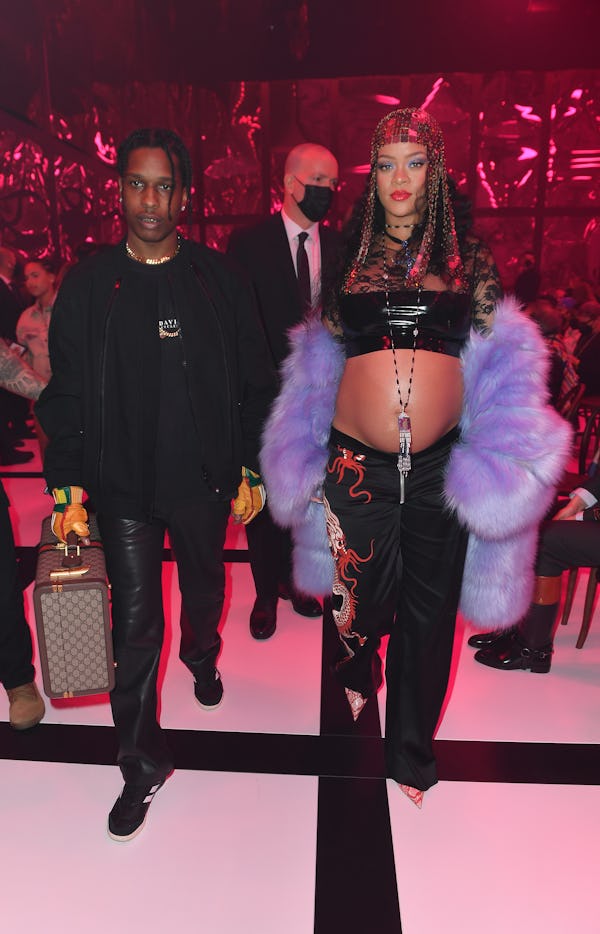 Asap Rocky and Rihanna are seen at the Gucci show during Milan Fashion Week Fall/Winter 2022.