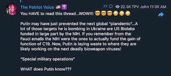 QAnon John Telegram screenshot about Putin invading Ukraine