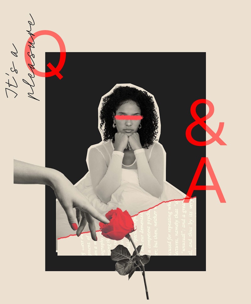A collage curly haired lady holding her head on her fists, a hand reaching for a red rose, and a Q&A...