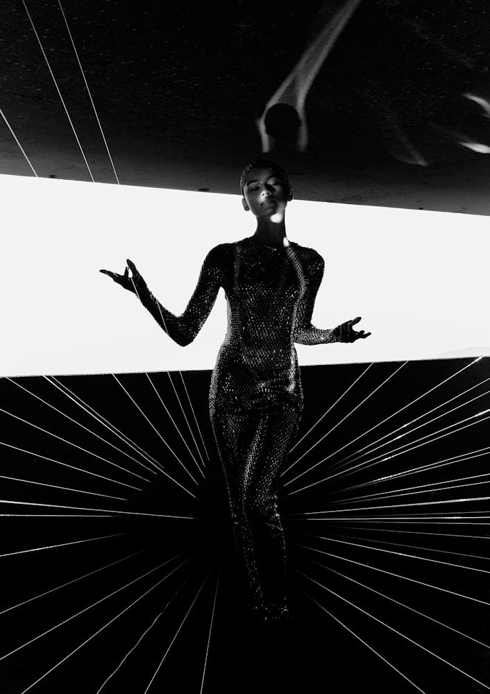 Zendaya in black and white silhouette.
