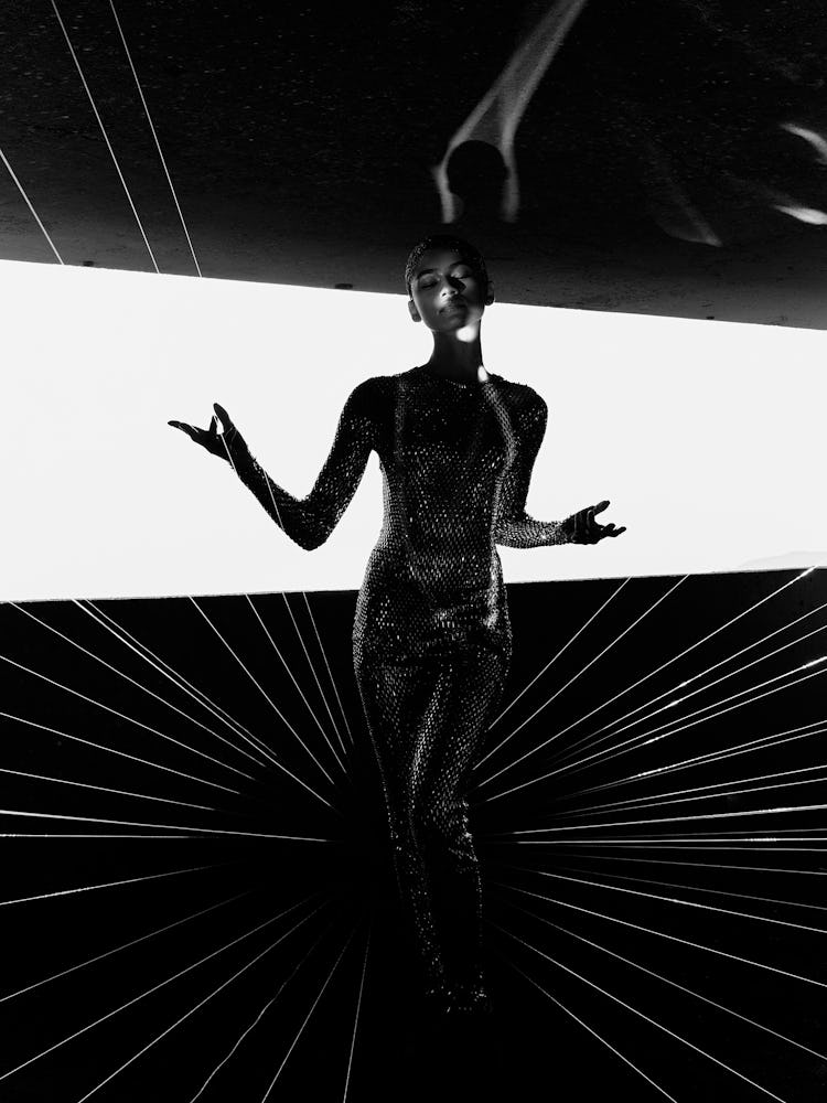Zendaya in black and white silhouette.