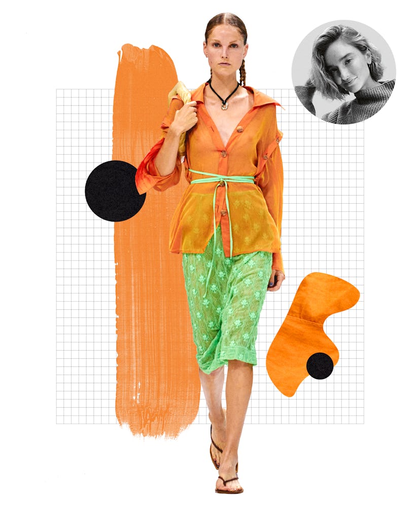 A model wearing a green skirt and a top in Apricot - a spring 2022 color trend 