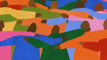Illustration of a group of black men wearing colorful shirts, all hugging