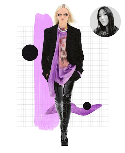 A model wearing a black blazer and pants, and a top in lilac - a spring 2022 color trend
