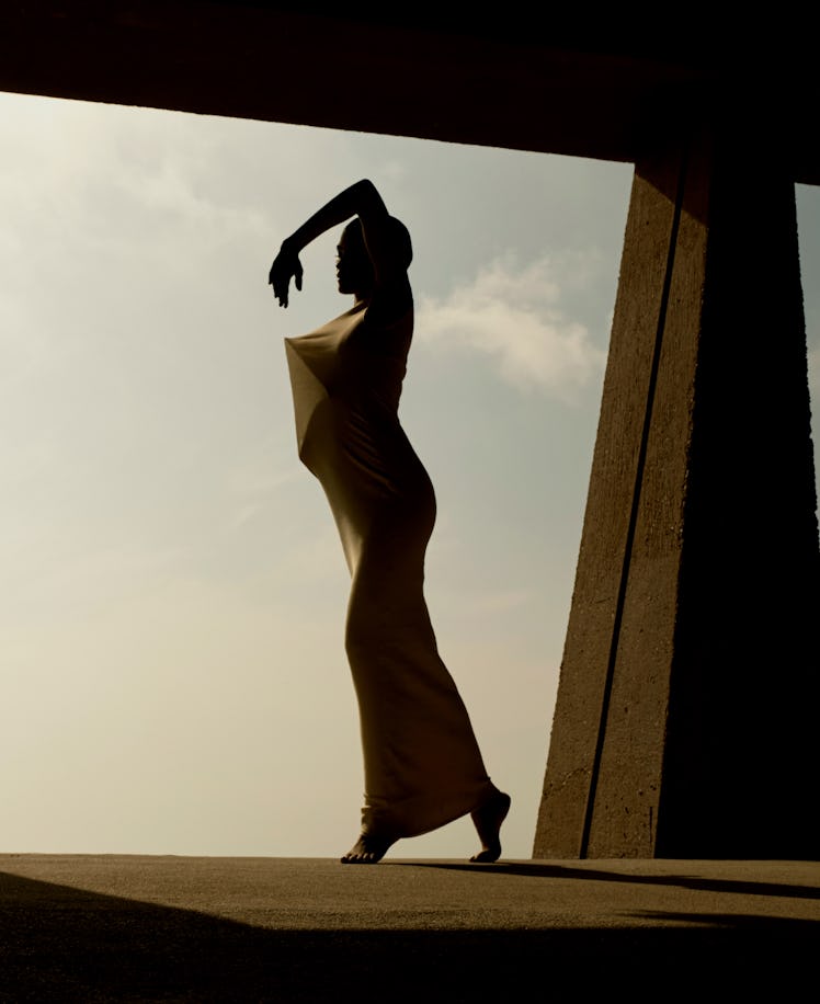Zendaya photographed in silhouette in an architectural dress.