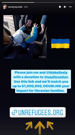 Ryan Reynolds announces he and Blake Lively will donate up to $1 million to support Ukrainian refuge...