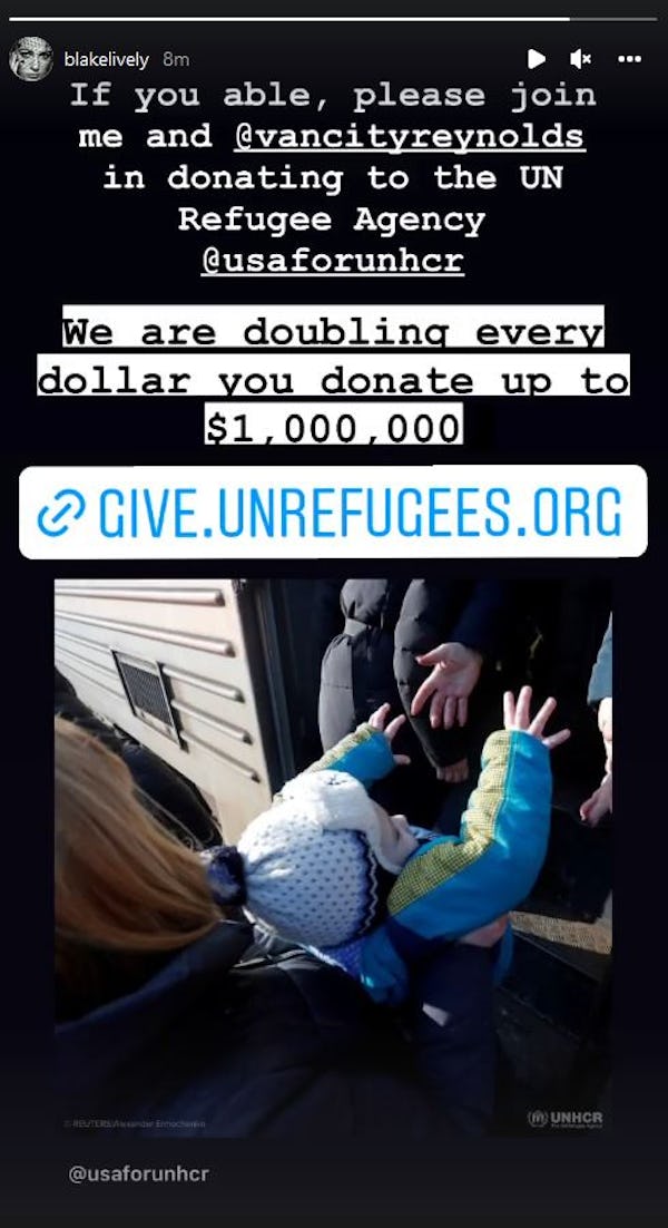 Blake Lively announces she and Ryan Reynolds will donate up to $1 million to support Ukrainian refug...