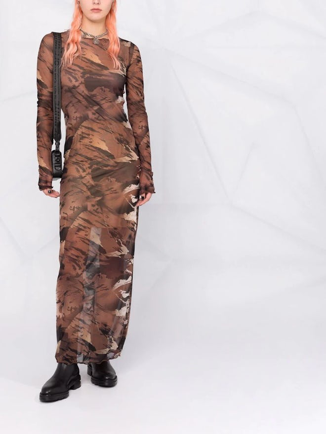 Sheer dress trend: Heron Preston camouflage-print long dress