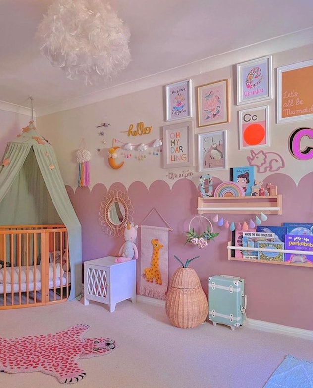 Baby girl nursery with bright colors and neon accents