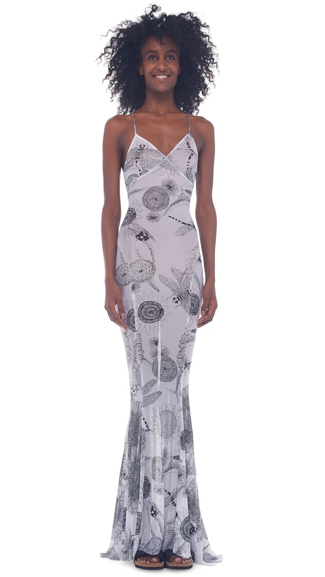 Sheer dress trend: Norma Kamali Low Back Fishtail Gown