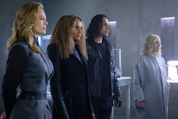 Jeri Ryan as Seven of Nine, Michelle Hurd as Raffi, Evan Evagora as Elnor, and Allison Pill as Jurat...