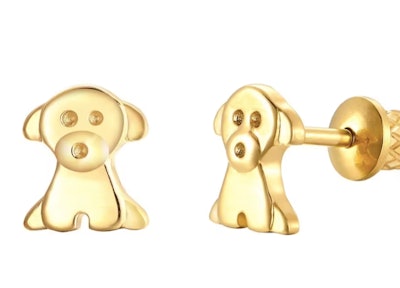 Gold Puppy Earrings are the best hypoallergenic baby earrings with safety backs