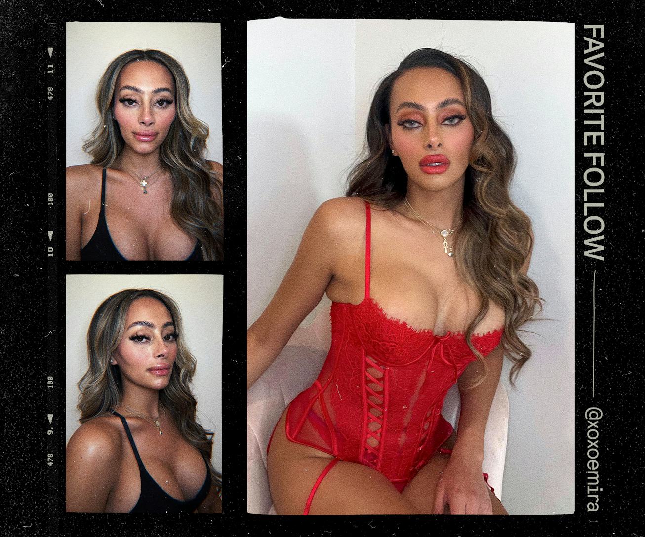 TikToker Emira D’Spain in some lingerie, one black, other red