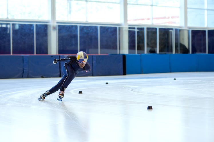 Speed skater Maame Biney on the ice in training for the Olympics.