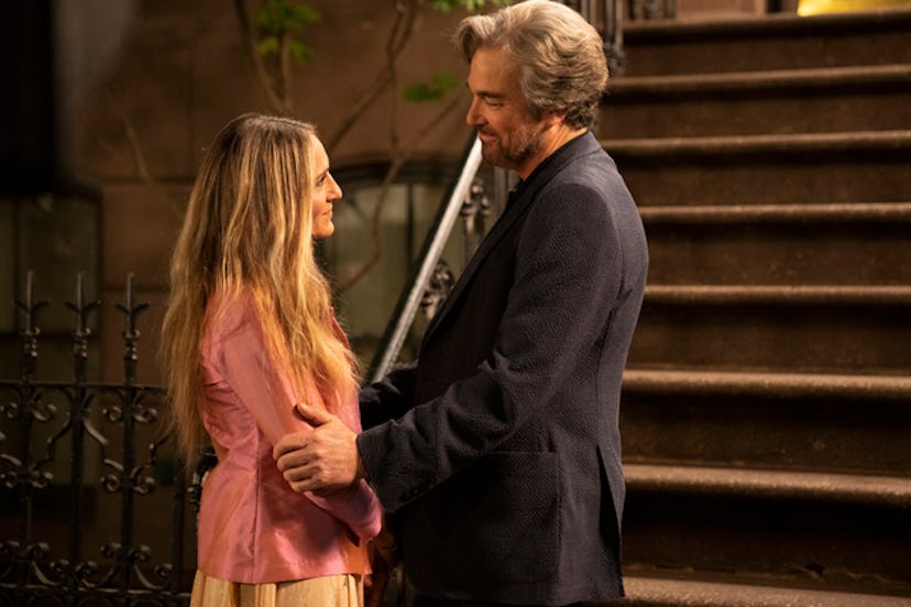 Sarah Jessica Parker as Carrie and Jon Tenney as Peter in ‘And Just Like That’ standing outside of C…