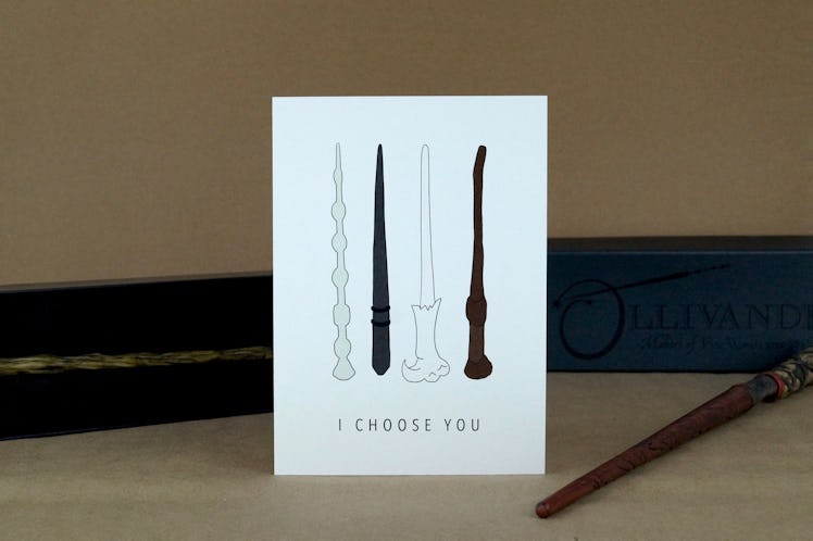 This wand card is part of the 'Harry Potter'-themed Valentine's Day cards on Etsy. 
