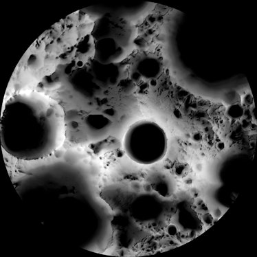 In this multi-temporal illumination map of the lunar south pole, Shackleton crater (19 km diameter) ...
