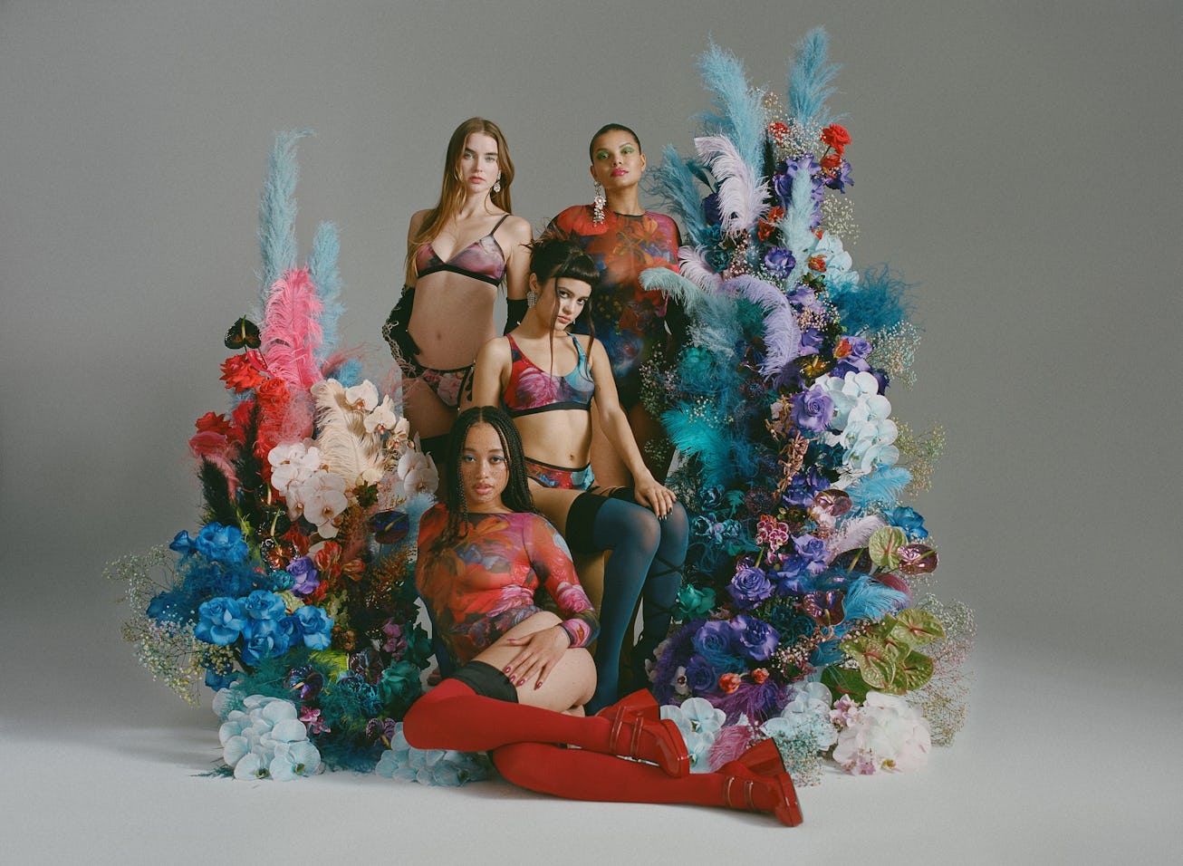 Four models in colorful Valentine’s Day lingerie pieces