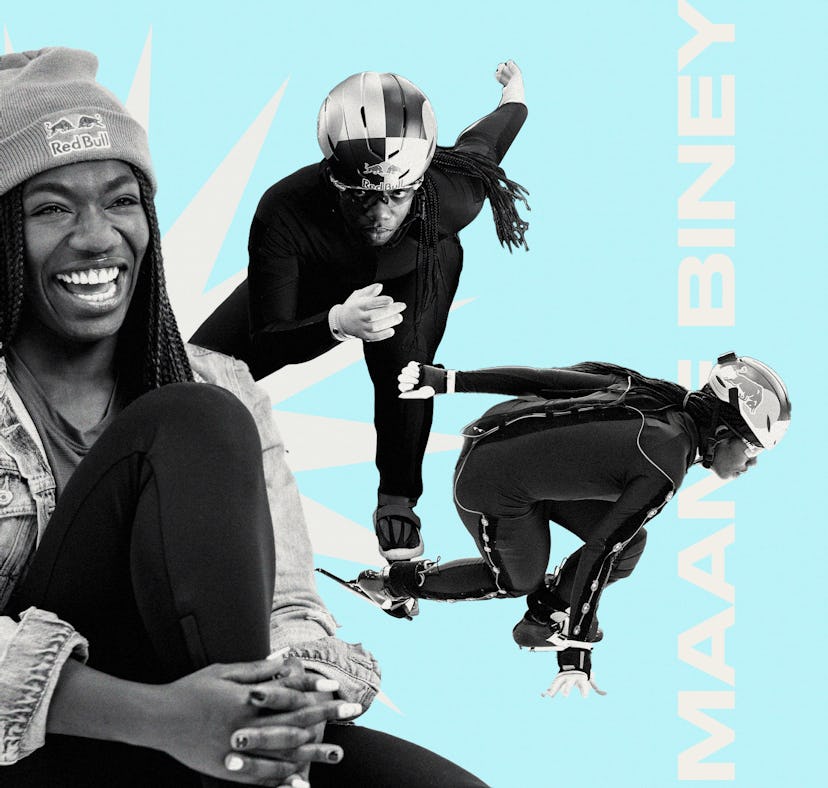 Images of Maame Biney, the speed skater, over a blue and white background