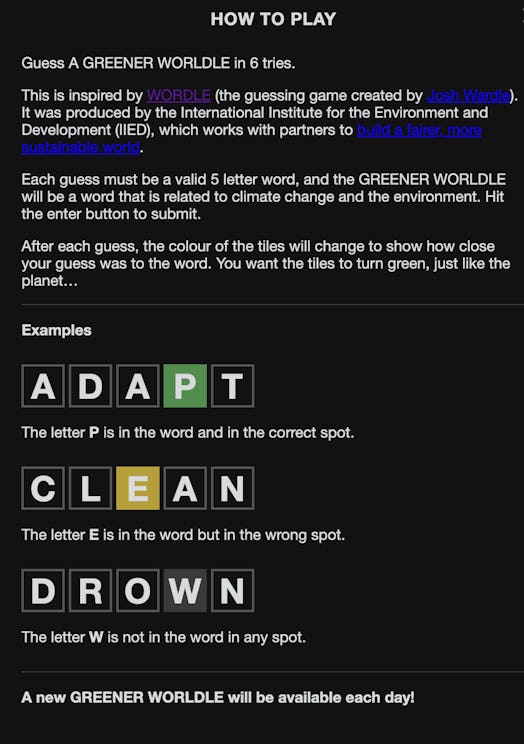 Screenshot of another game like wordle with an environmental focus.