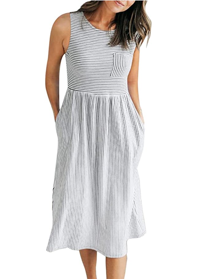 Merokeety Striped High Waist Midi Dress with Pockets