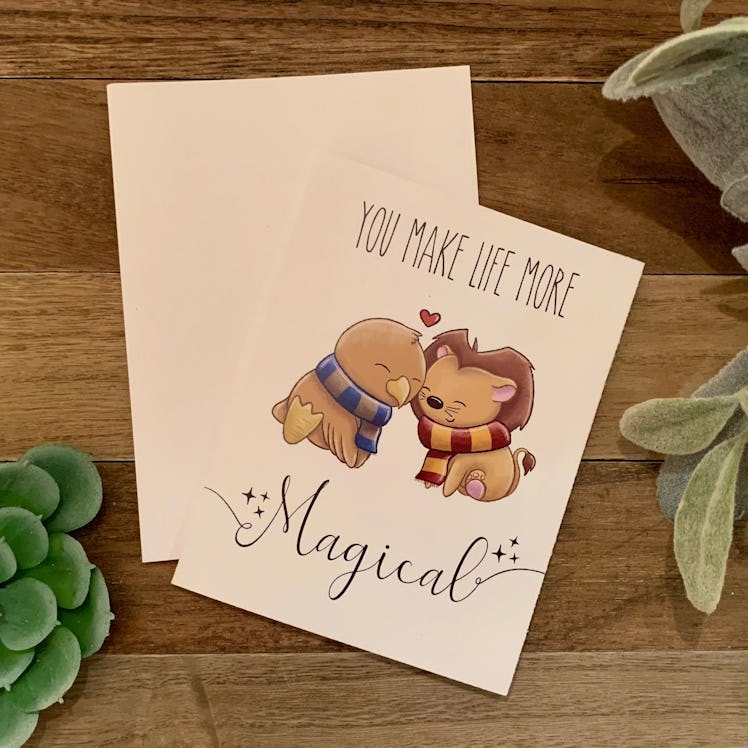 This 'Harry Potter'-themed Valentine's Day card on Etsy has Hogwarts house animals. 