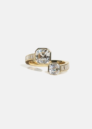 a two-stone Asscher cut diamond engagement ring