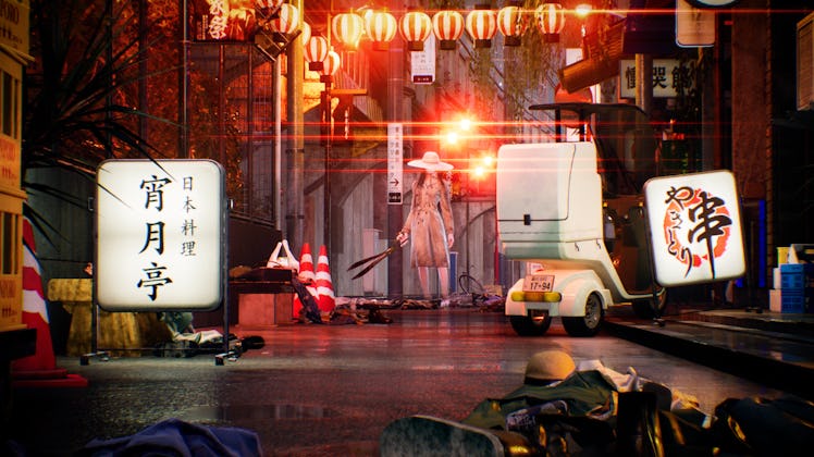 screenshot of spirit enemy wearing trenchcoat and holding shears in GhostWire Tokyo