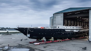 Jeff Bezos Oceanco Y721 superyacht under construction being taxied into storage hanger